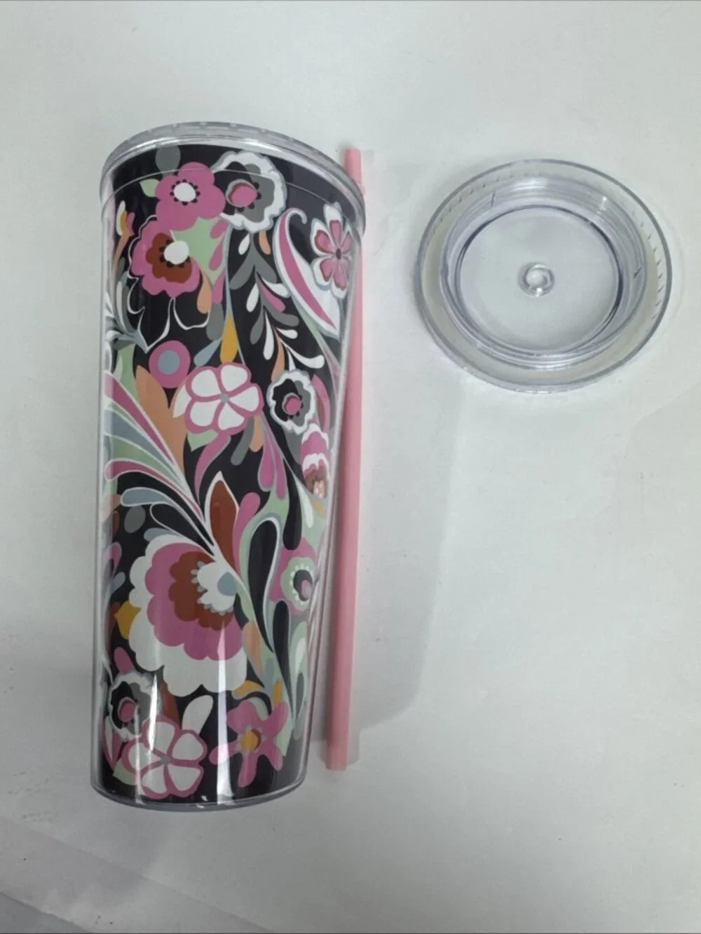 Vera Bradley Mod Paisley 24oz Travel Tumbler No Straw Acrylic Outlet Pink Black